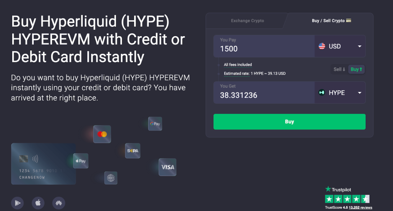 Buy Hyperliquid (HYPE) with Credit Card or Debit Card Instantly.