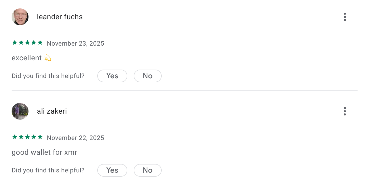 This picture shows 2 positive reviews about Cake Wallet