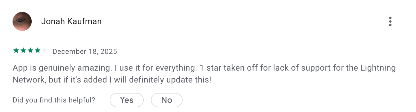 In this review user mentions the lack of Lightning network support