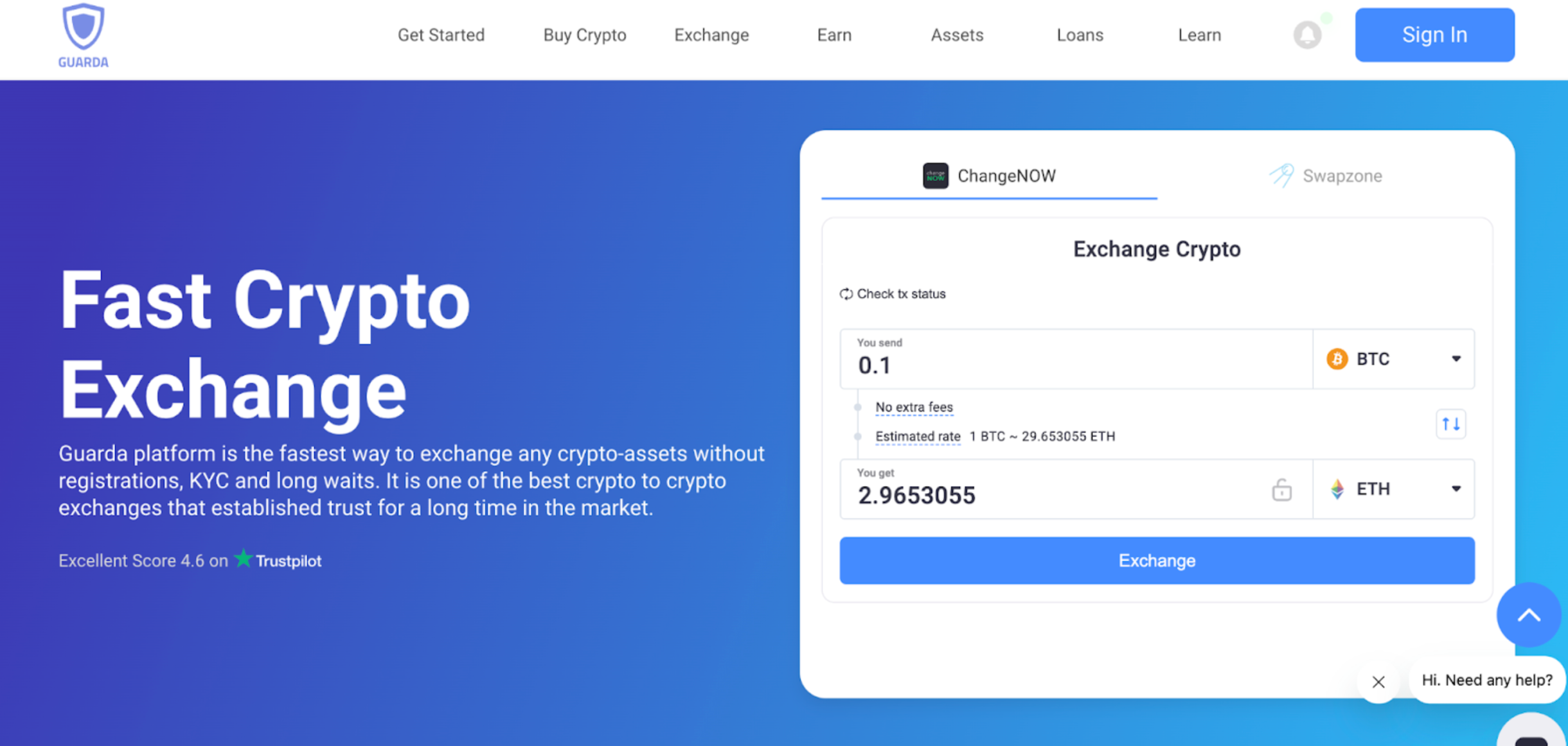 This image shows the example of integrated ChangeNOW widget in the crypto wallet Guarda.