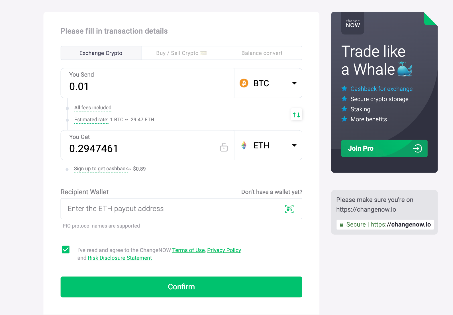 This image shows the converter of ChangeNOW with all fees reflected and the estimated rate.