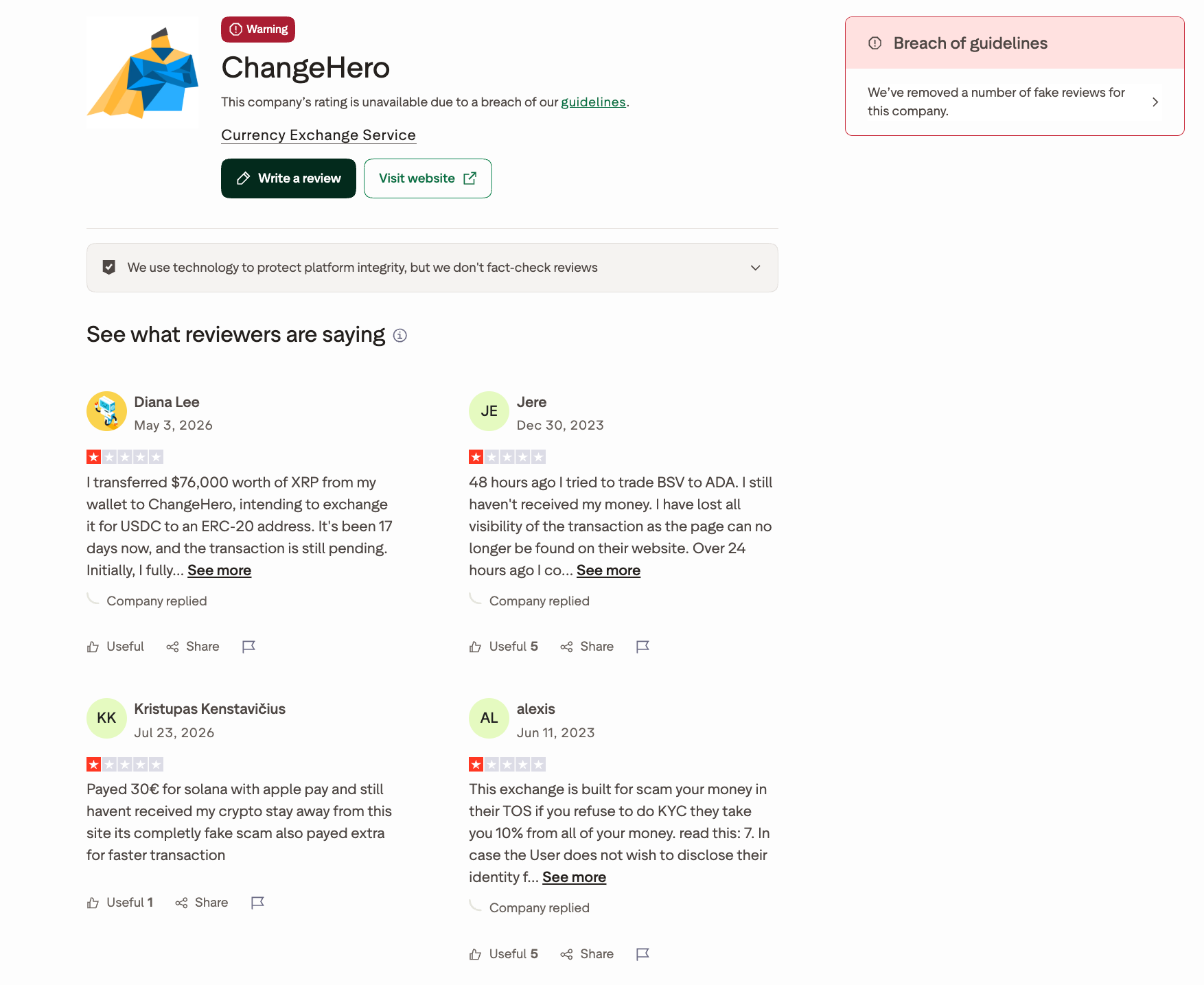ChangeHero rating on Trustpilot.