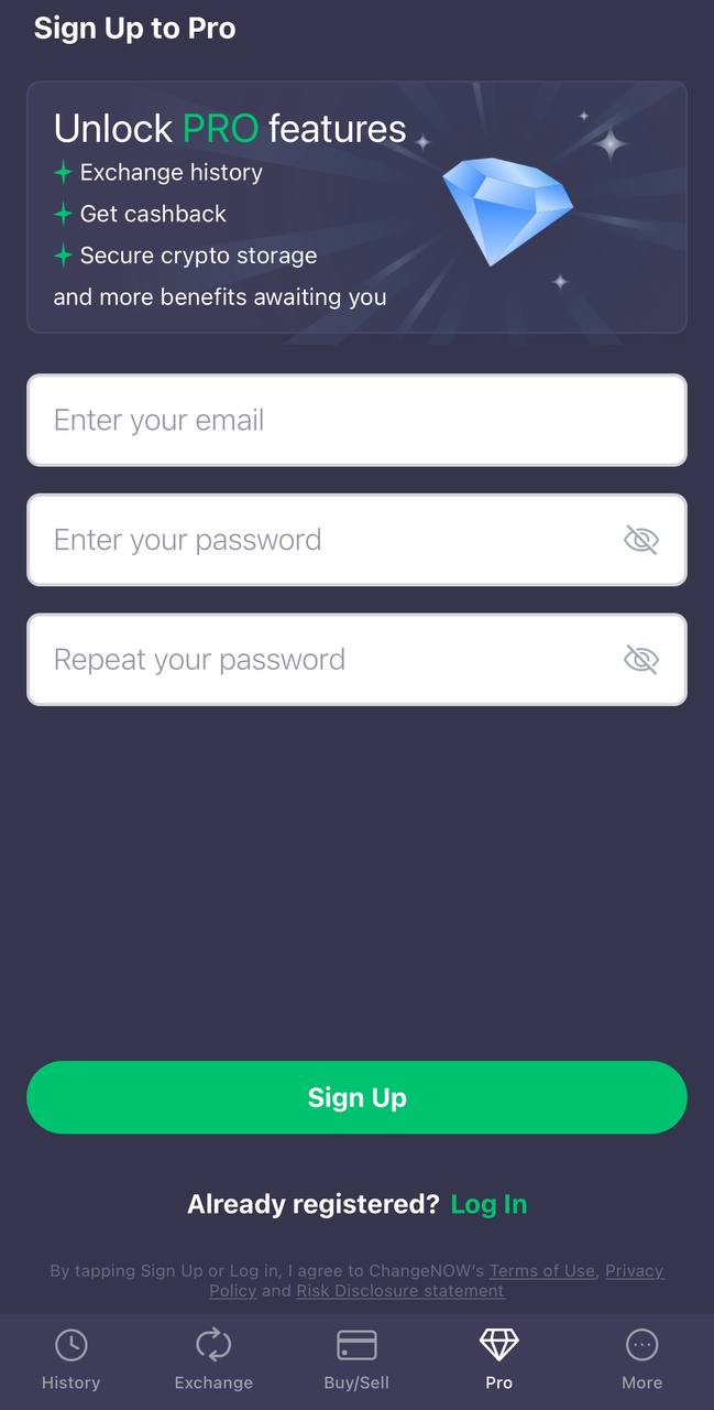 This screenshot shows ChangeNOW Pro advantages listed in ChangeNOW app