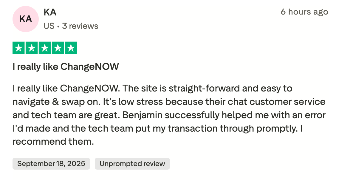 This picture shows KA's review from Trust Pilot. The user is pleased with straight-forward and easy swaps. The user also praises Benjamin, support manager, for helping with the error that user had made;
