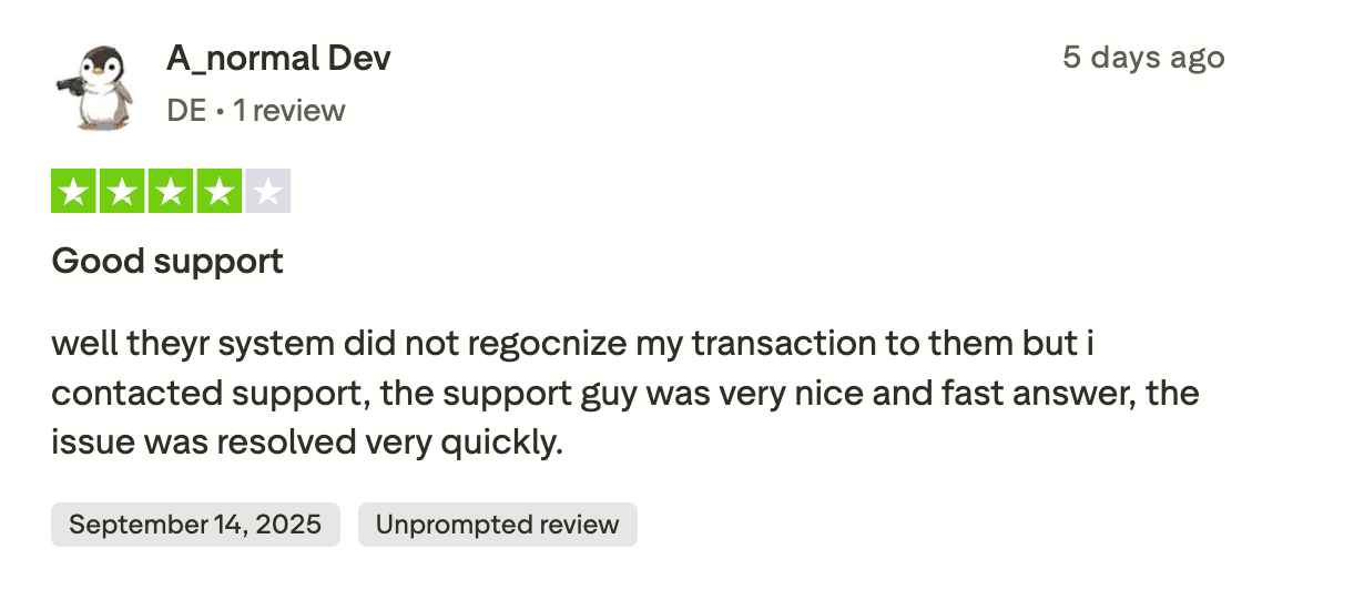 This picture shows Trust Pilot user's - A_normal Dev - review about ChangeNOW Support. The user had issues with transaction, but the support manager quickly helped the user with the issue