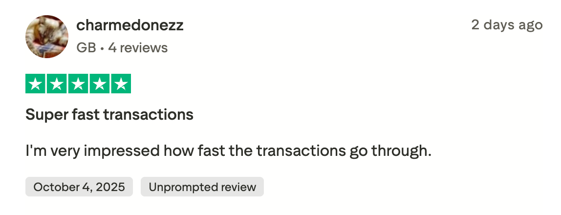 This picture shows ChangeNOW Trustpilot review. User is impressed by speed of transaction 