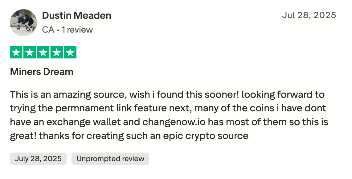 This picture shows ChangeNOW Trustpilot review. User praises token coverage.