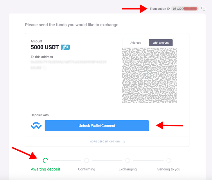 This picture show the interface of ChangeNOW during swap process: four steps of exchange process, option to connect via WalletConnect, Transaction ID