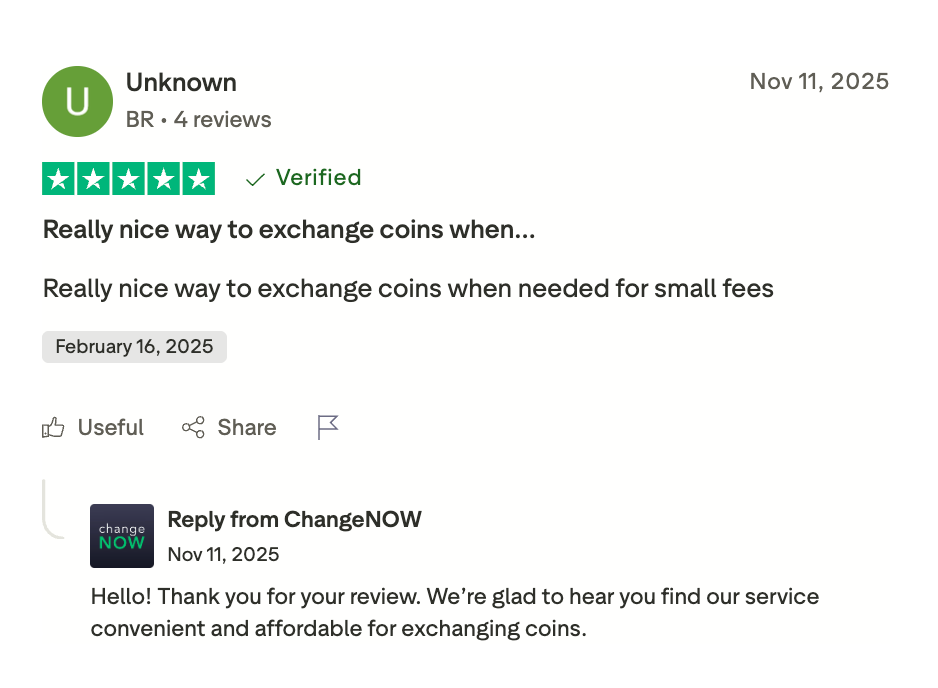 This picture shows positive review about ChangeNOW from TrustPilot. The user praises ChangeNOW for small fees