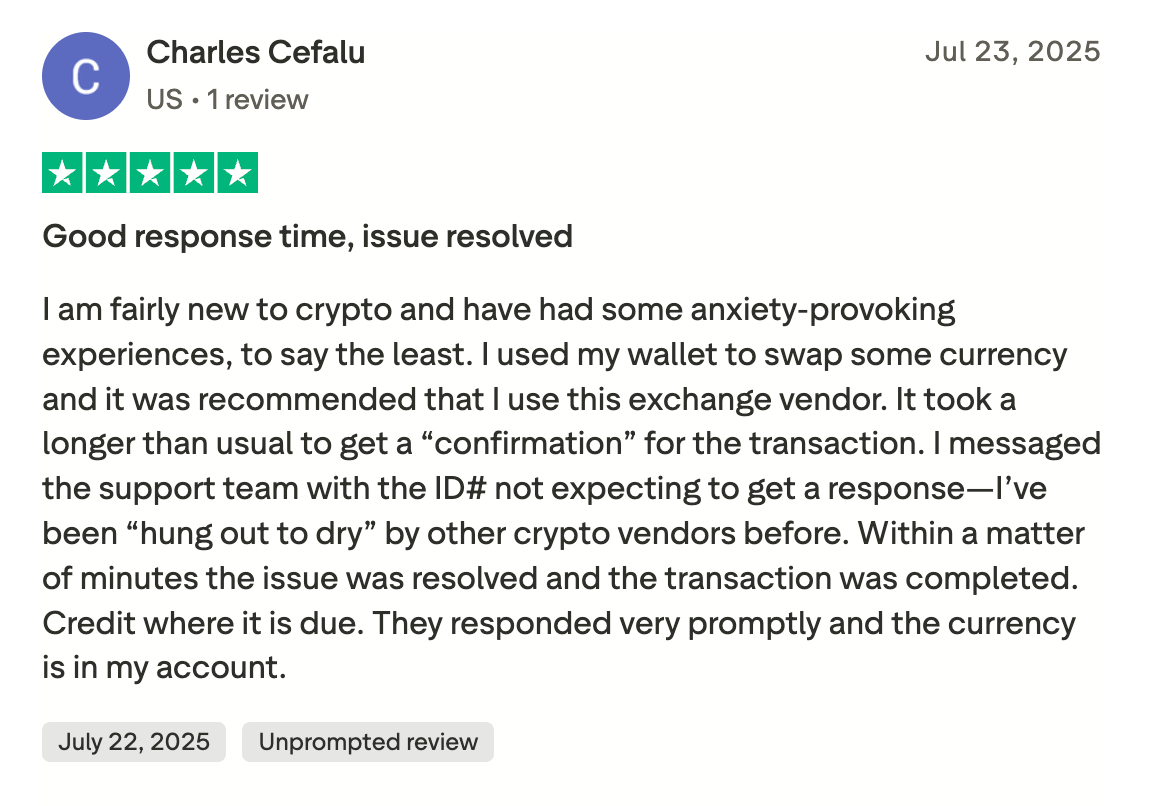 This picture shows ChangeNOW Trustpilot review. User praises support for good response time