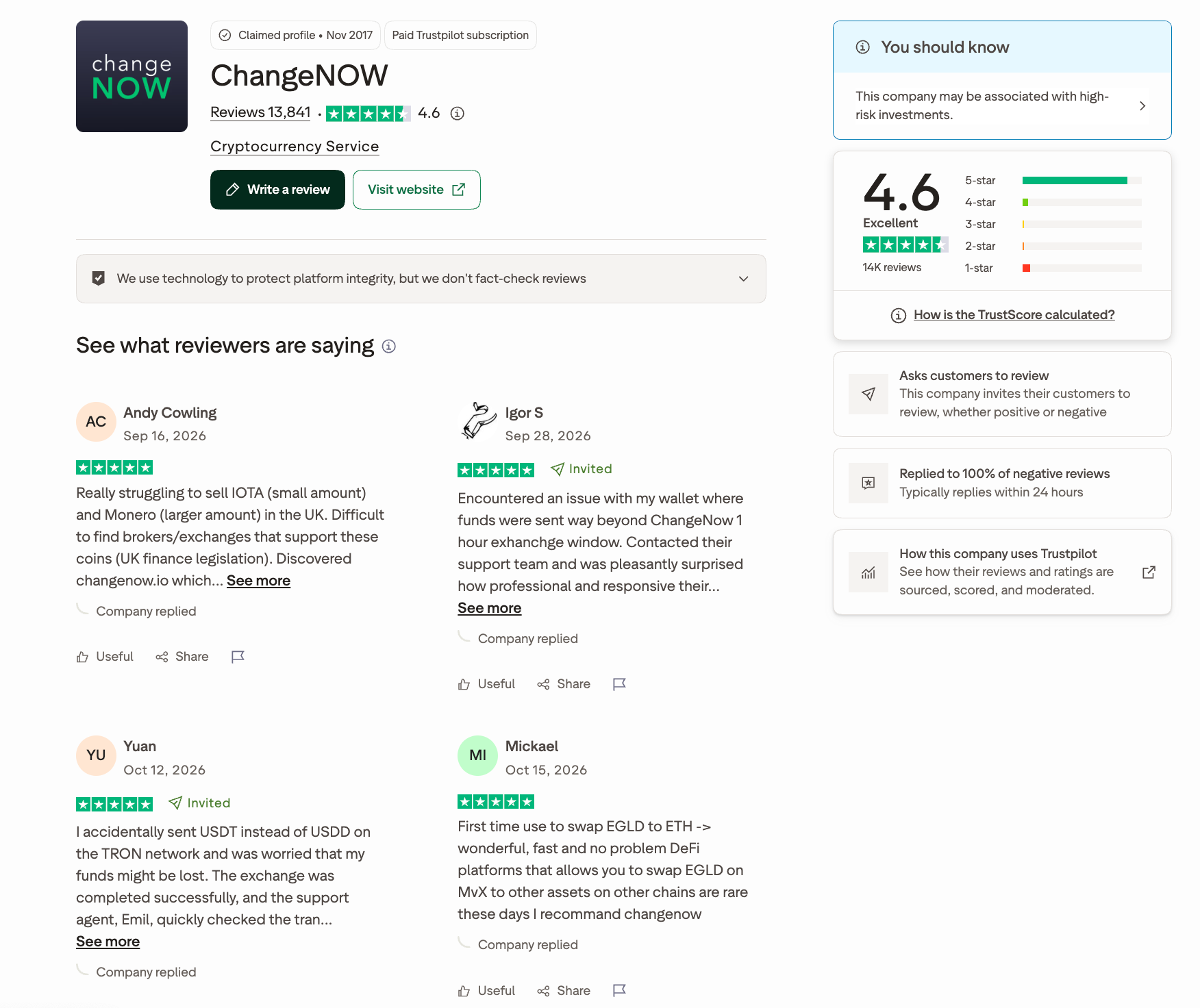 ChangeNOW rating on Trustpilot.