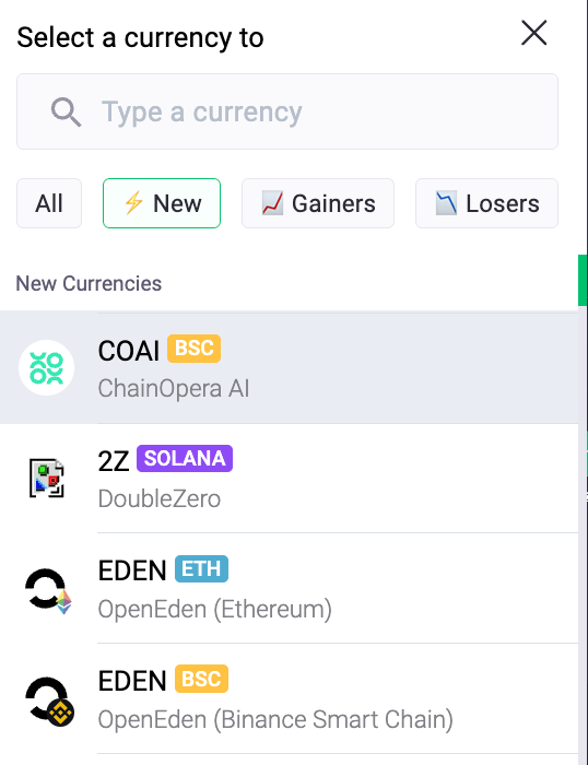 This picture shows ChangeNOW New, Gainers and Losers among coins
