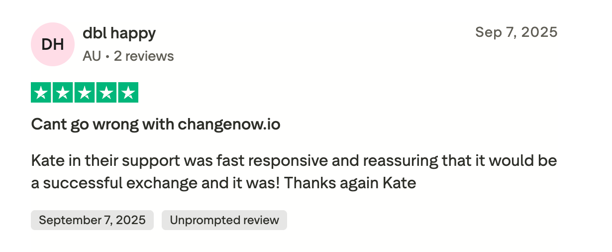 This picture shows the TrustPilot user's review on ChangeNOW. The user tells about positive experience of contacting with ChangeNOW support manager Kate. who helped the user with exchange