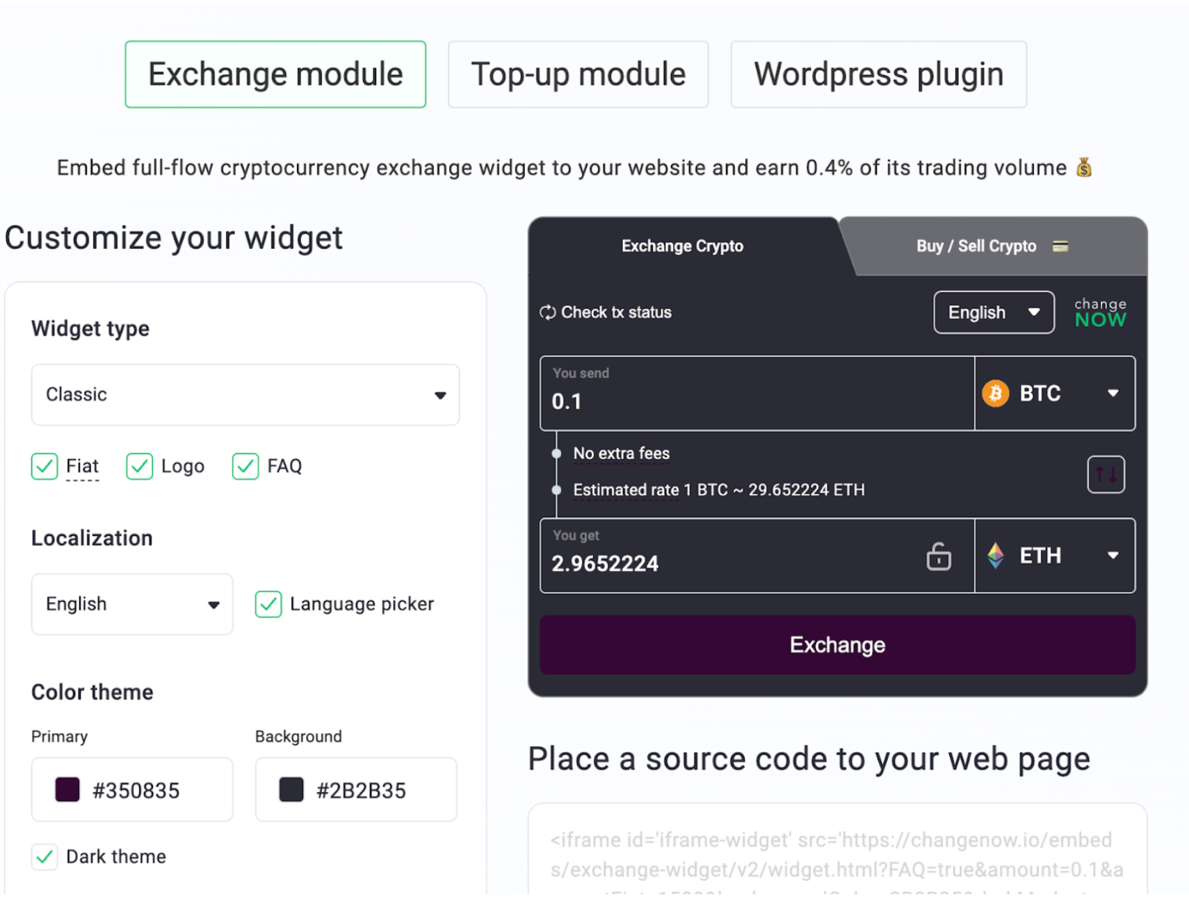 The image shows the exchange module and the widget type at ChangeNOW.