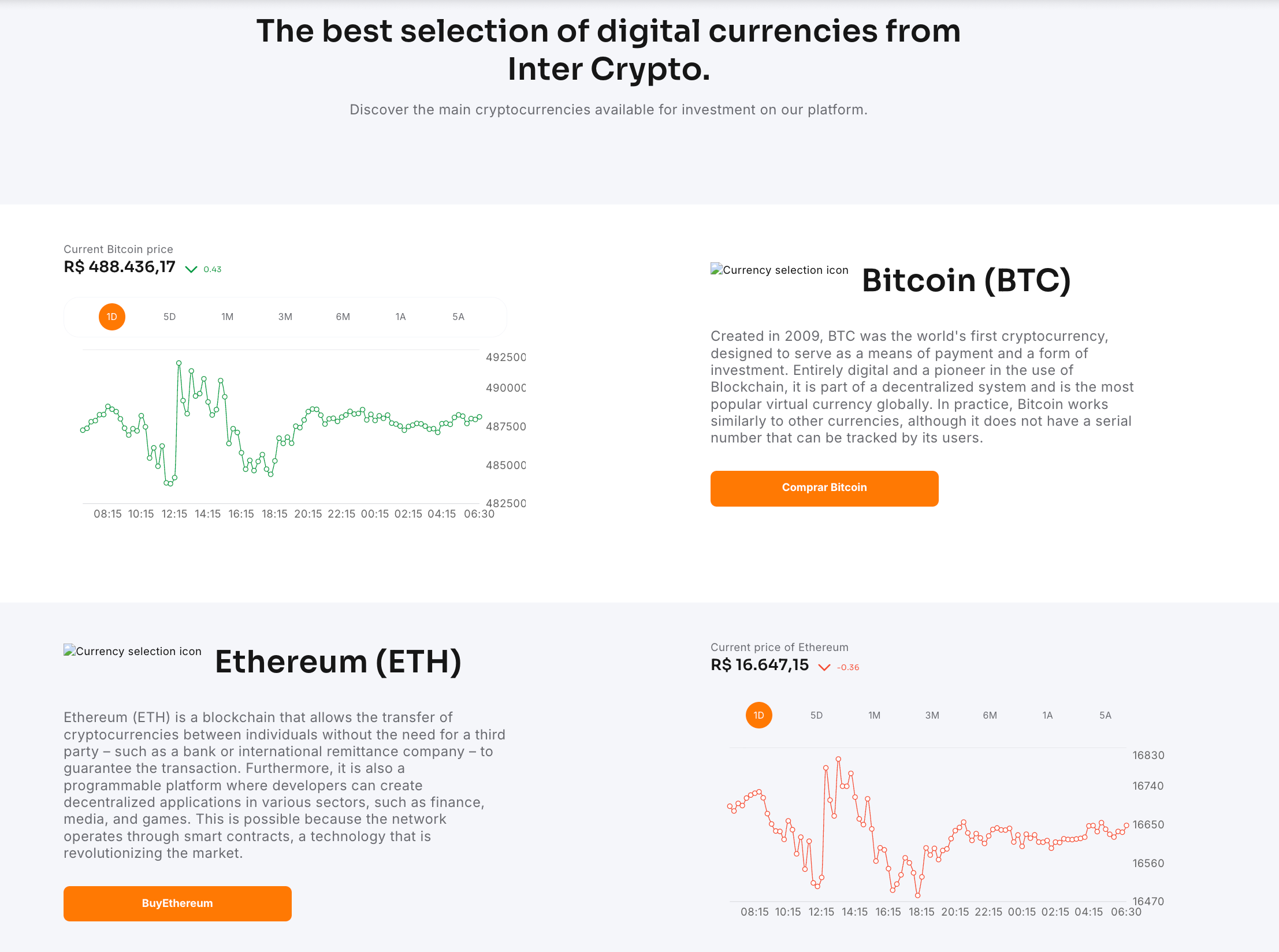 Banco Inter page with information about cryptocurrency investment products.