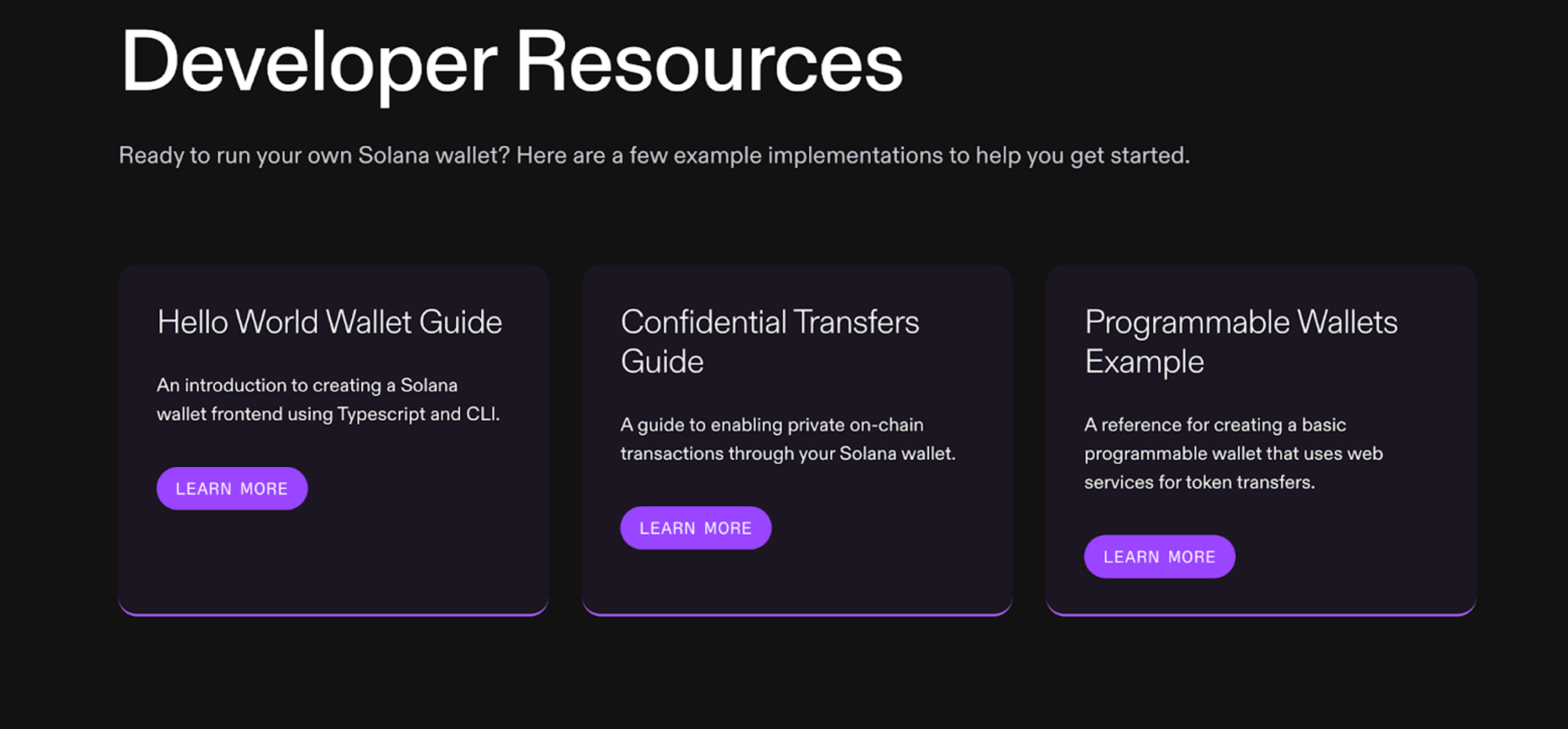 This image shows the Hello World Wallet Guide, Confidential Transfers Guide, and Programmable Wallets Example.