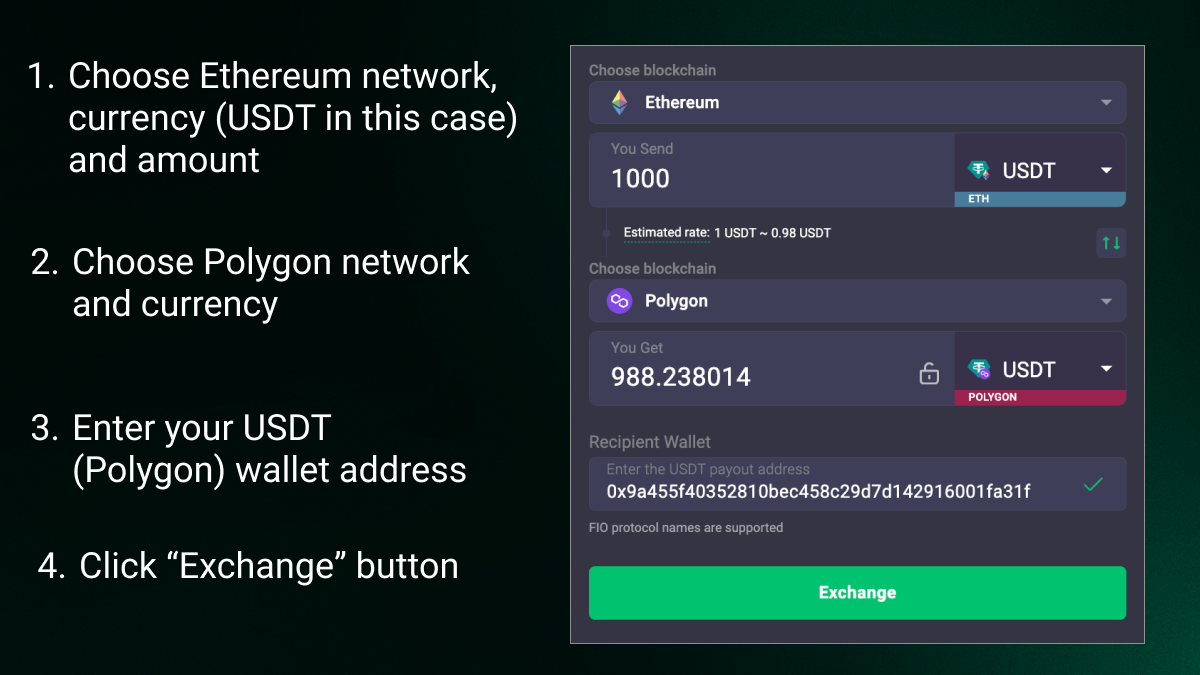 Follow thesteps to exchange USDT on Ethereum to USDT on Polygon