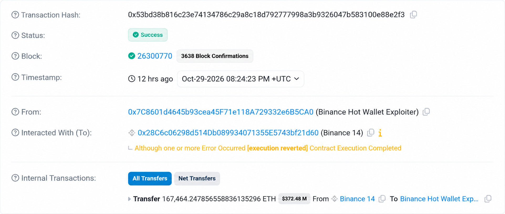 Transaction hash; involved in Binance hack 2026