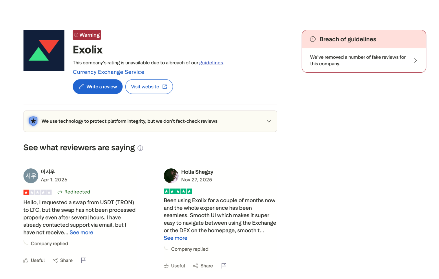 Trustpilot (Exolix).