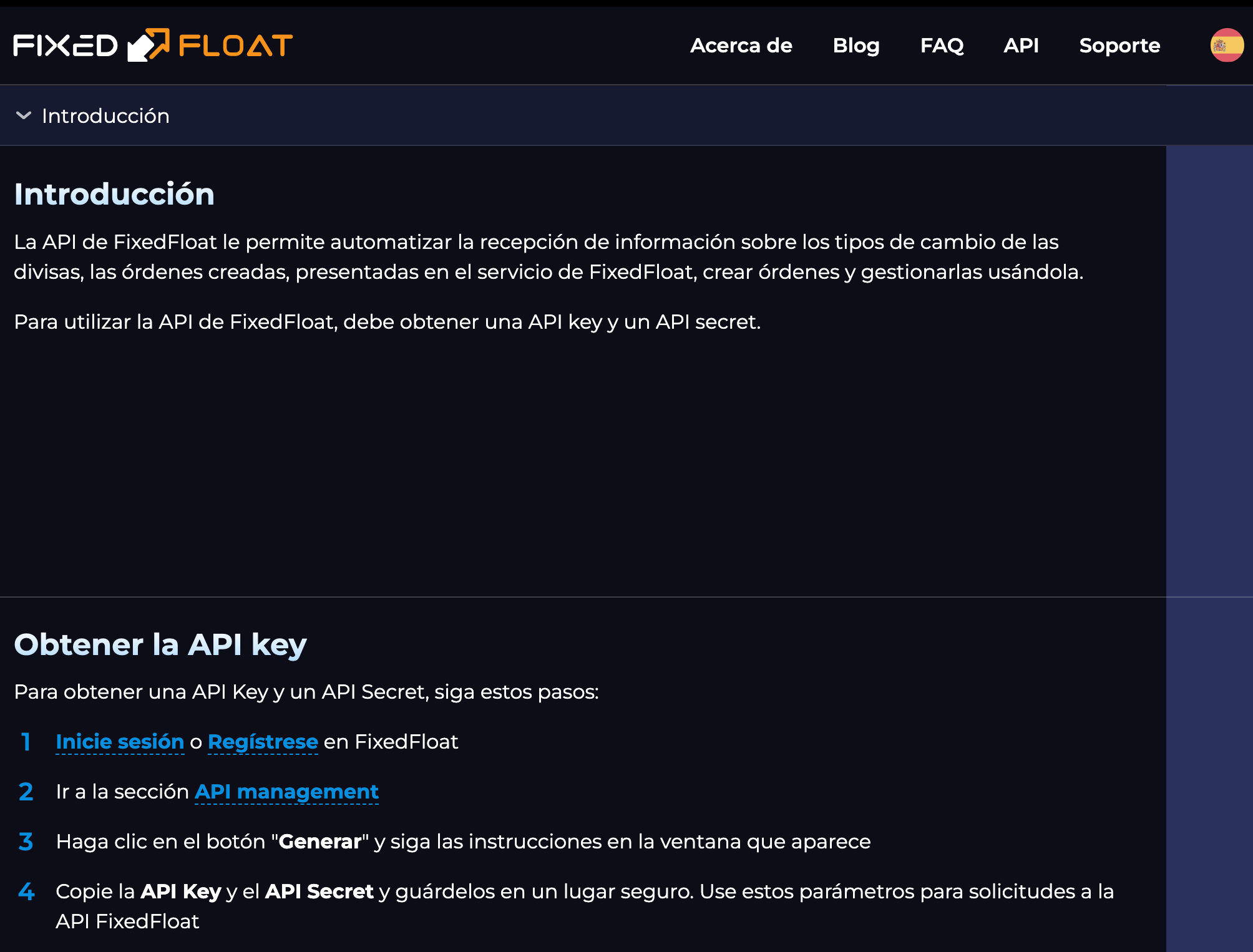 Pantalla de configuración donde se muestra el proceso para obtener la API key, con opciones de generación y gestión de claves para integrar servicios de intercambio de criptomonedas.
