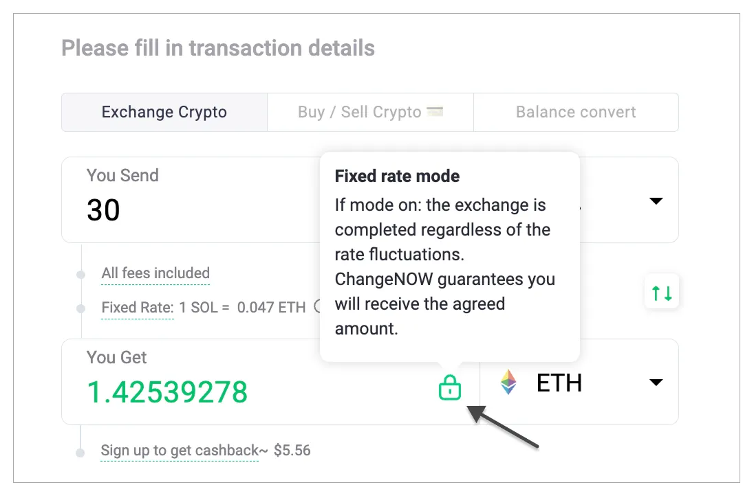 This image shows the fixed rate mode in the ChangeNOW's calculator.