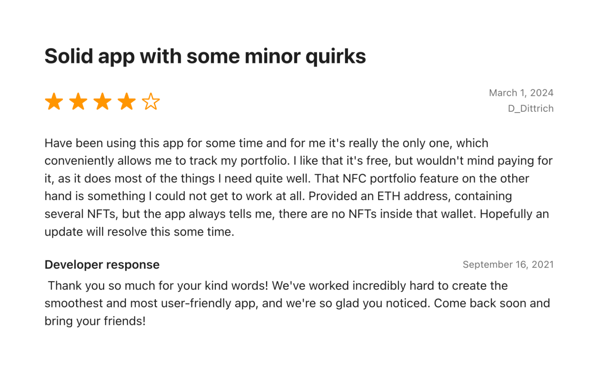A NOW Tracker review in the App Store on March 4th.