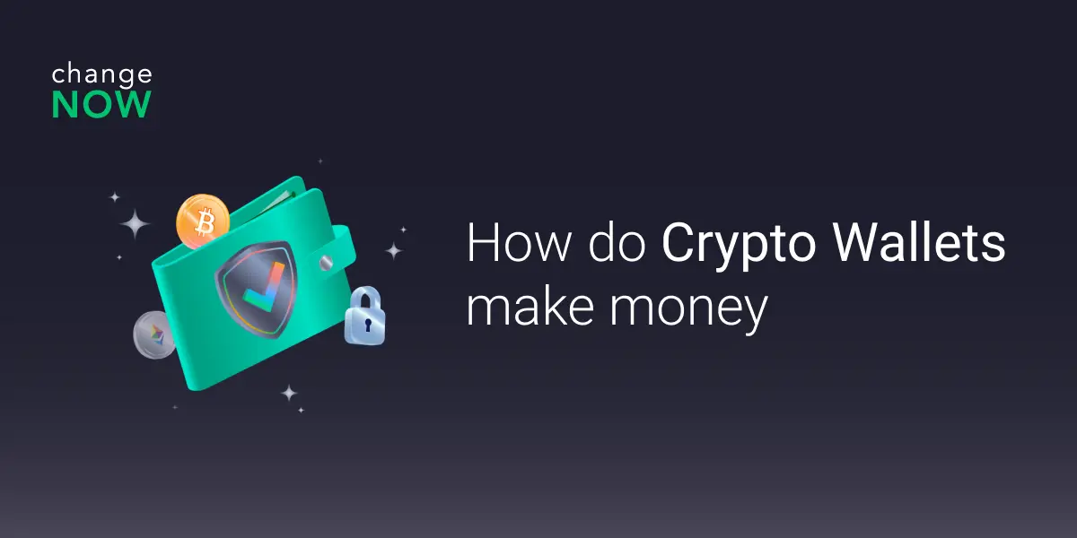 Graphic illustrating the concept of how crypto wallets make money. The image features a teal wallet with a shield icon, Bitcoin and Ethereum coins, and a lock symbol.