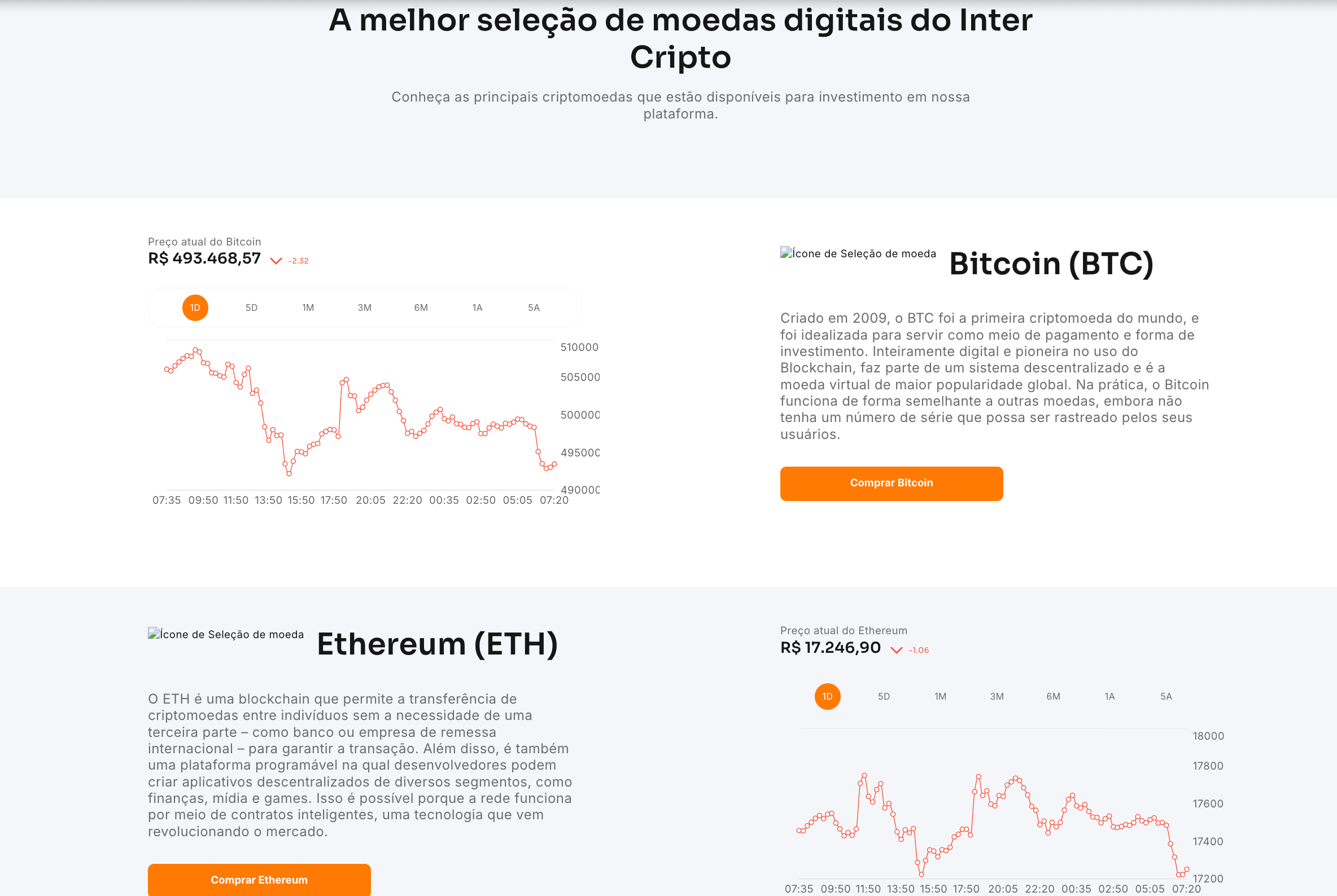 Esta imagen muestra información de Banco Inter sobre productos de inversión en criptomonedas.