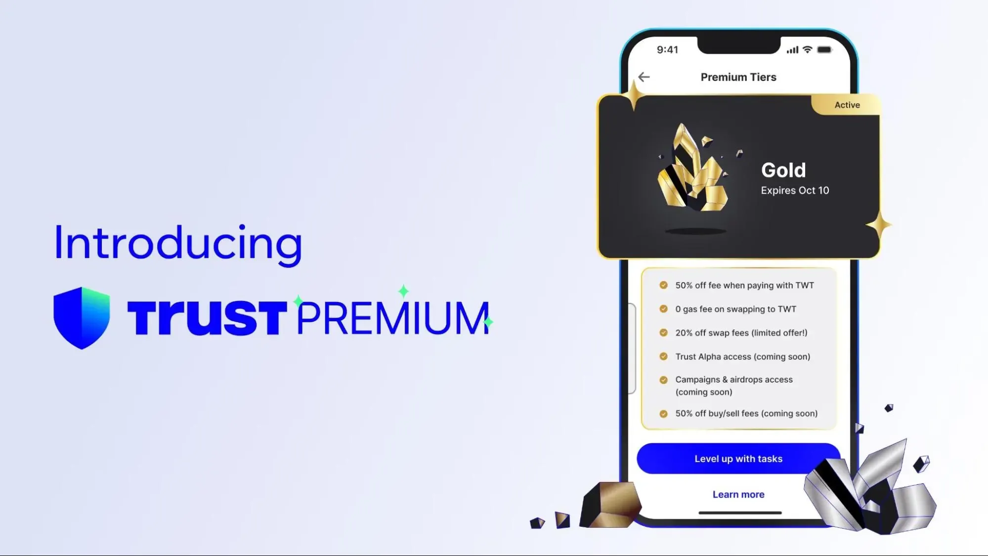 Image introducing Trust Premium with a phone showing the Gold tier benefits, including discounts on fees and access to exclusive features. The Trust Premium logo is visible.