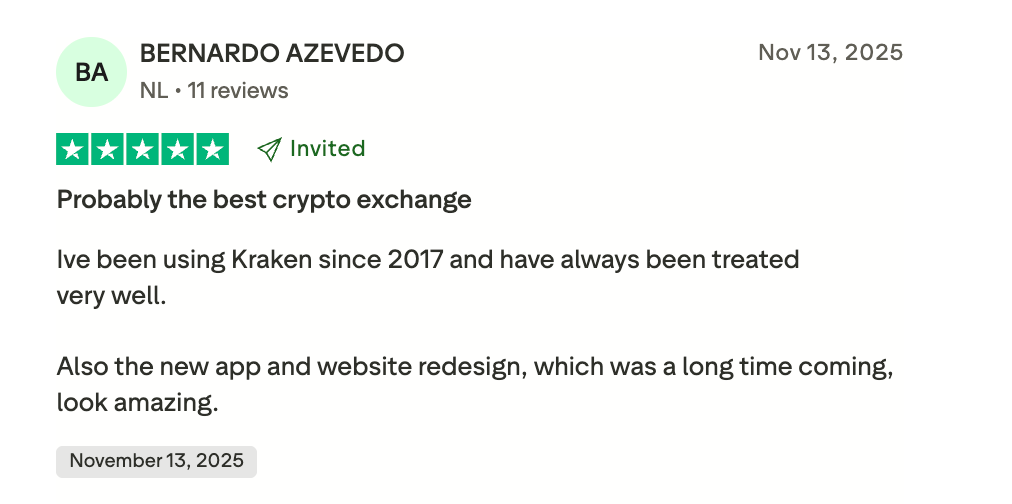 This picture shows Kraken's Trustpilot review. The user named Bernardo says he has been using Kraken since 2017