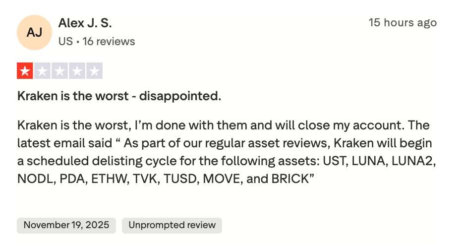 This picture shows Kraken's Trustpilot review. The user named Alex is displeased with delisting news