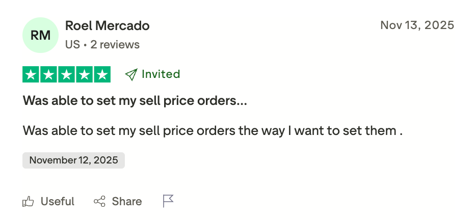 This picture shows Kraken's Trustpilot review. The user named Roel praises platform for good orders