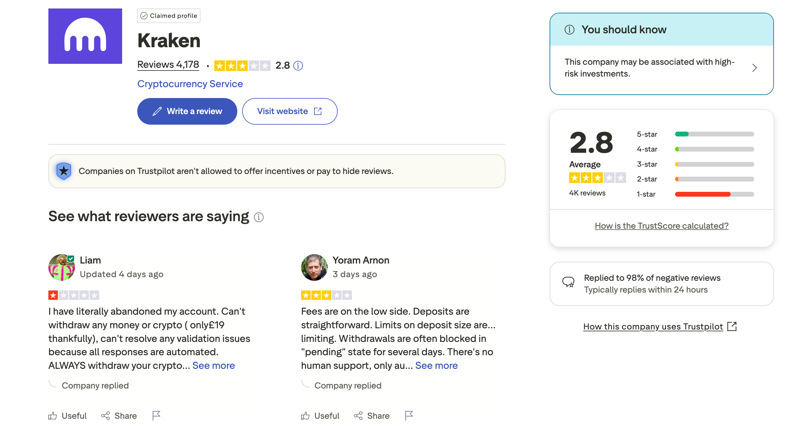 Kraken Trustpilot.