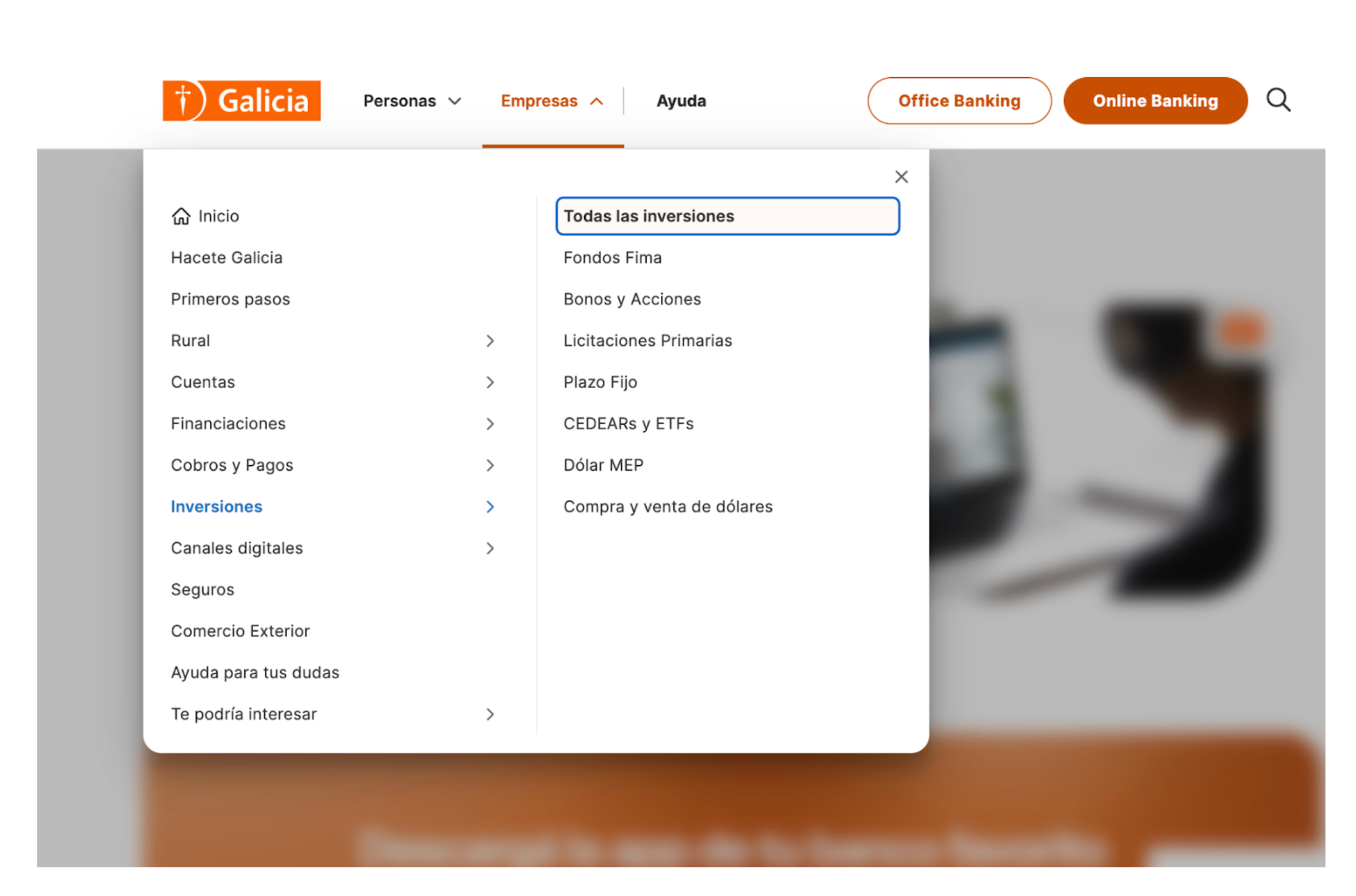 Esta imagen muestra las opciones para empresas en Banco Galicia.