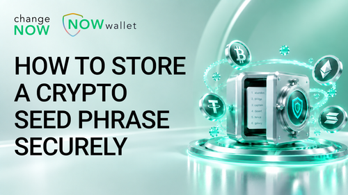 Futuristic crypto vault protecting a seed phrase with digital security and cryptocurrency assets.