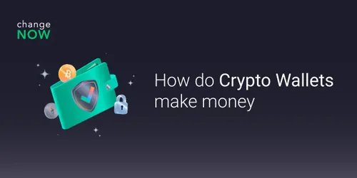 Graphic illustrating the concept of how crypto wallets make money. The image features a teal wallet with a shield icon, Bitcoin and Ethereum coins, and a lock symbol.