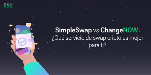 Imagen ilustrativa que compara SimpleSwap y ChangeNOW, mostrando una mano con una wallet digital y elementos gráficos relacionados con criptomonedas.