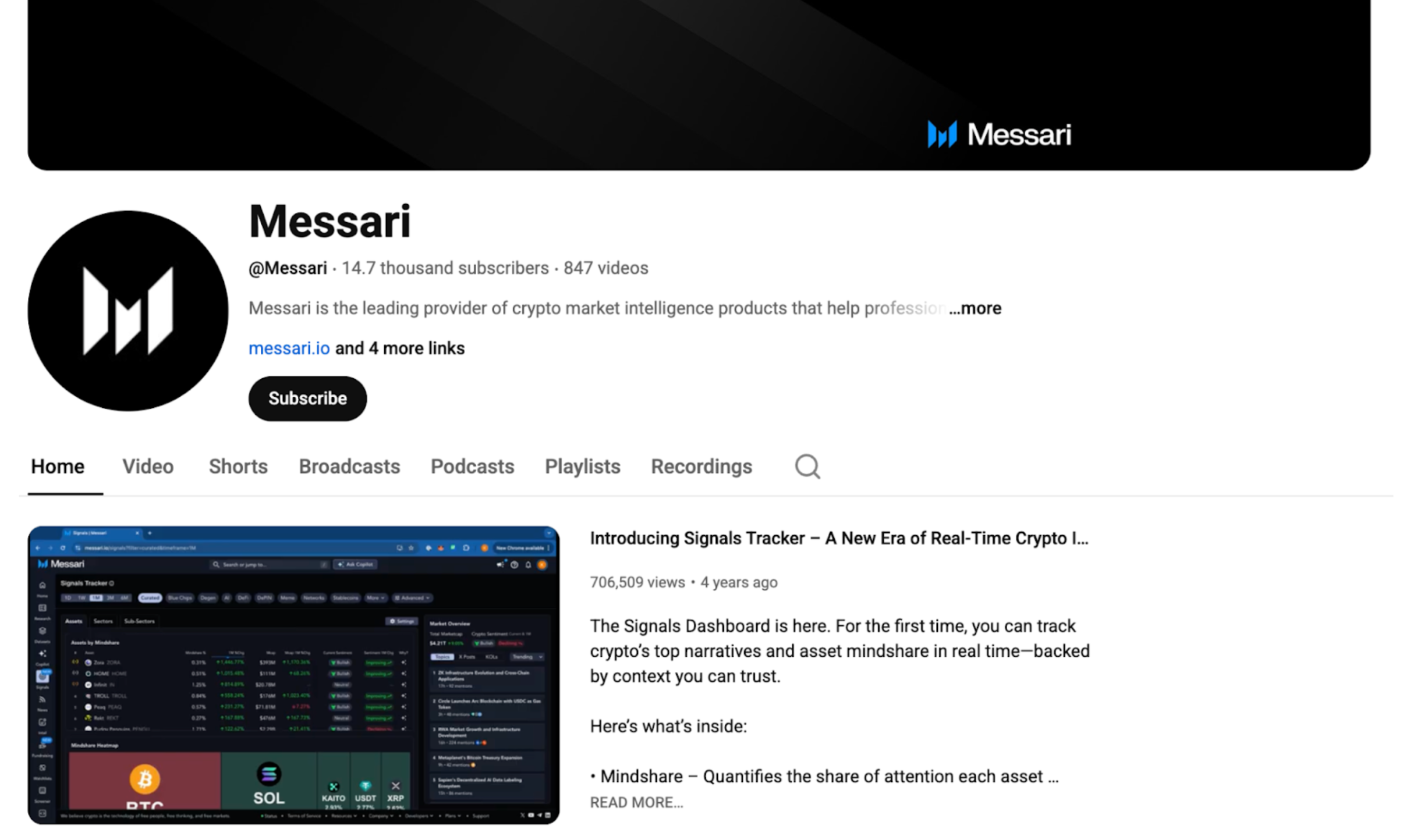 This image shows the Youtube channel by Messari.