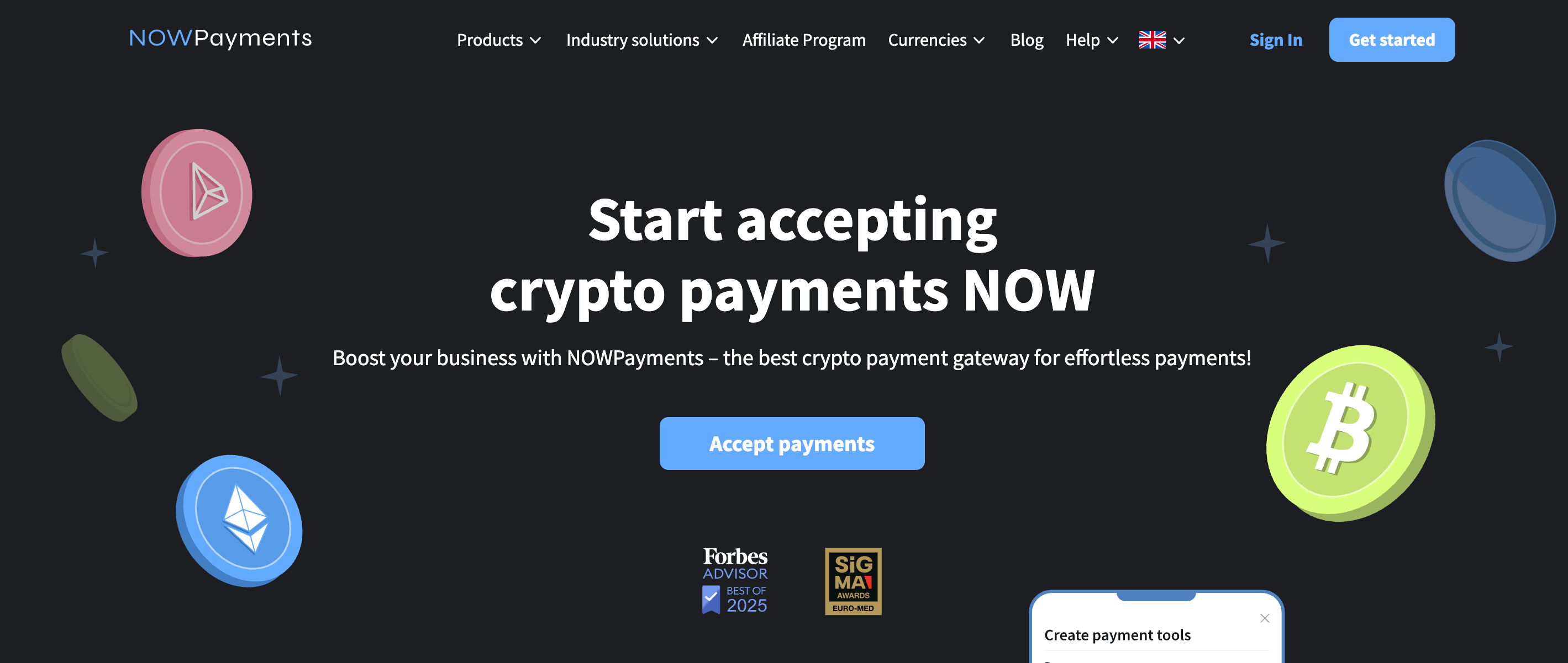 This picture shows NOWPayments website interface