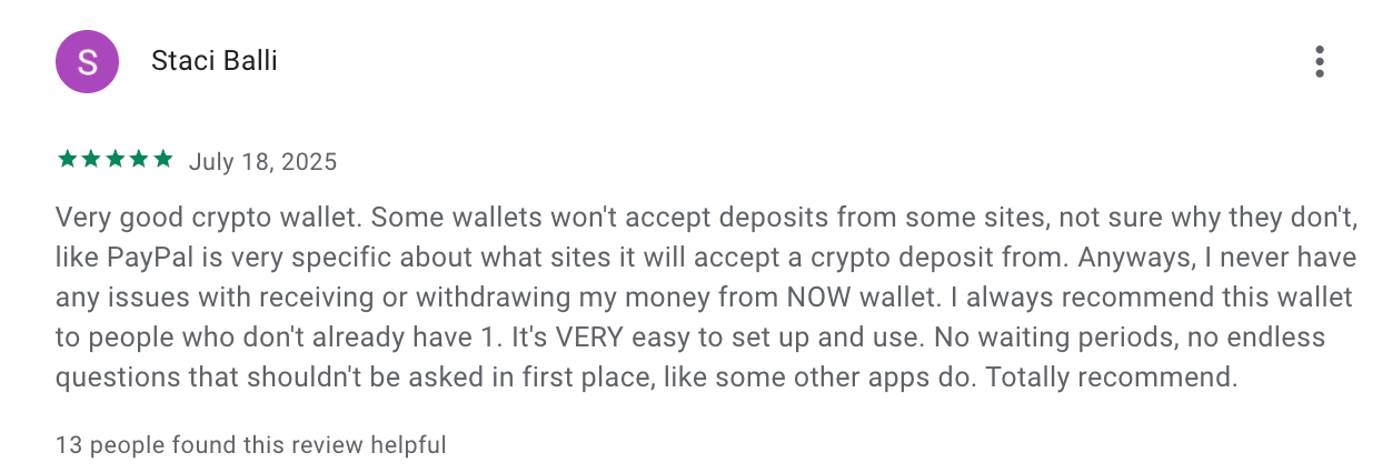 This picture shows positive review about NOW Wallet