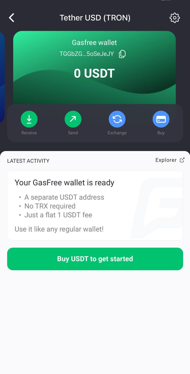 This screenshot shows Now Wallet's interface with Gas free TRC wallet