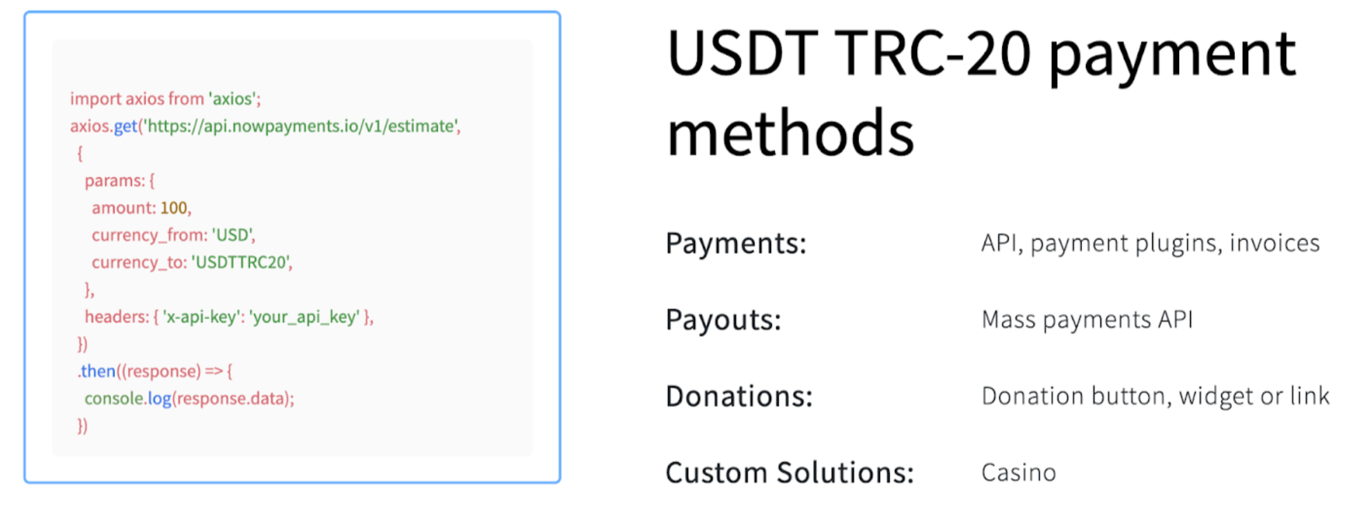 USDT TRC-20 payment methods.