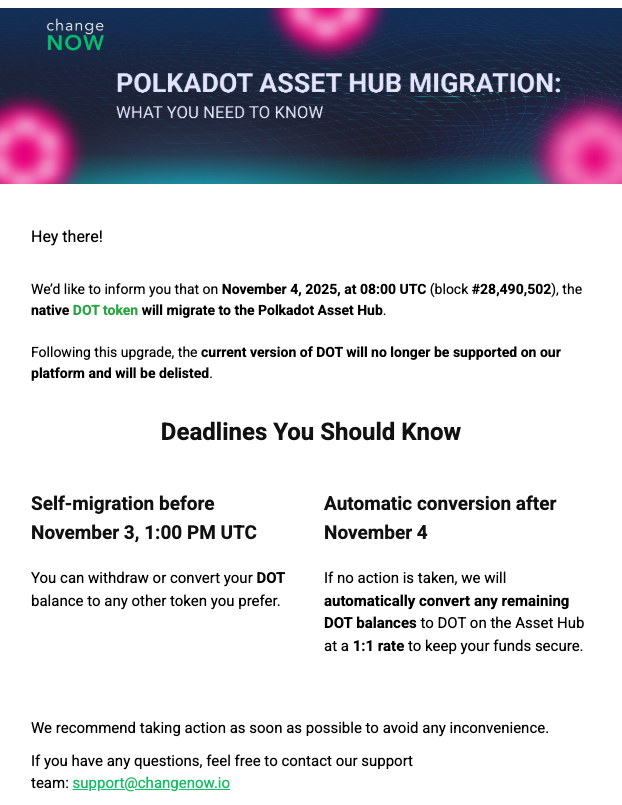 Polkadot asset hub migration — Notification from ChangeNOW