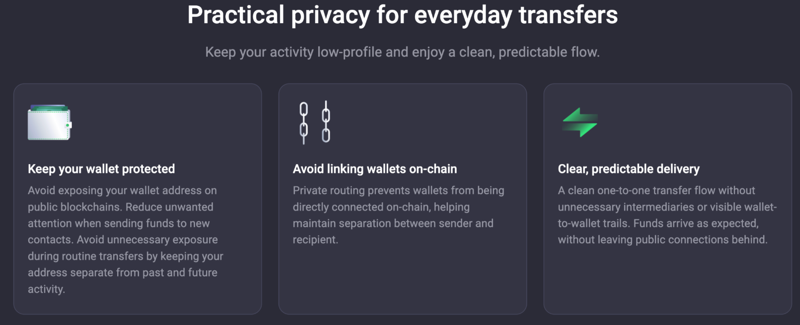 Practical privacy for everyday transfers.