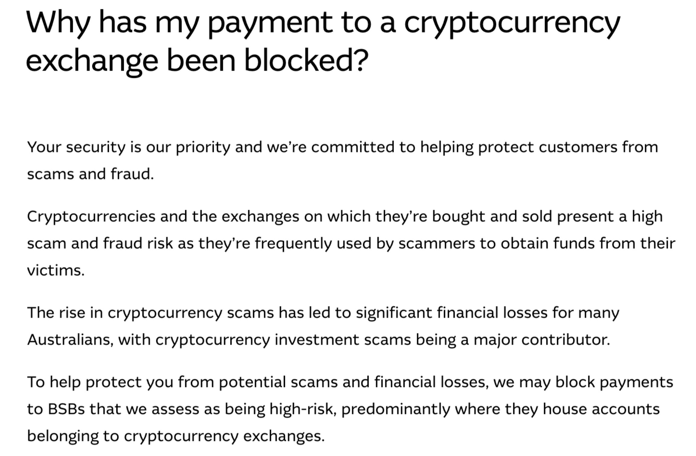 This image shows the answers to the question: "Why has my payment to a cryptocurrency exchange been blocked?"