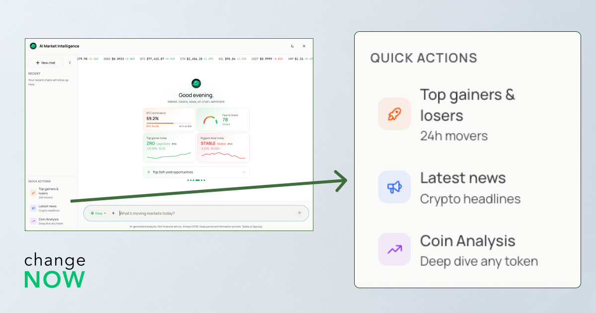 Quick actions in ChangeNOW Widget: top gainers & losers, latest news, coin analysis