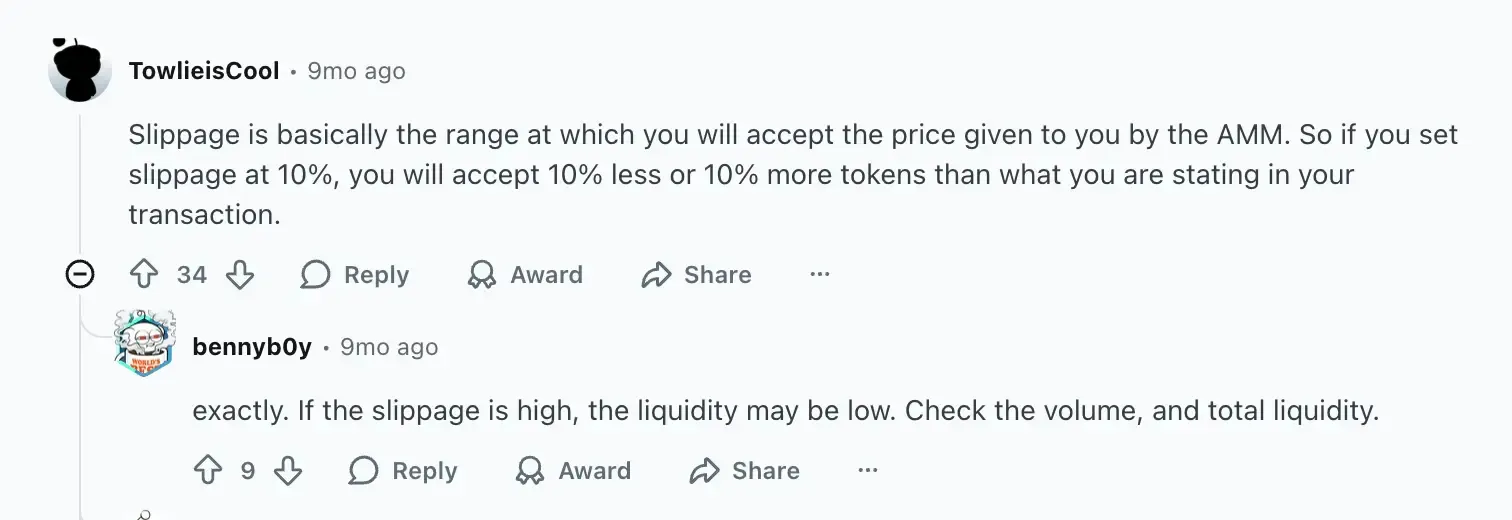 Reddit user explaining slippage tolerance on Solana DEX