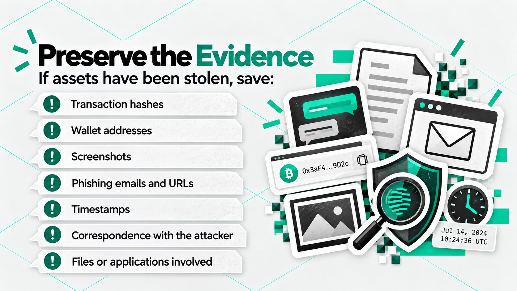 If assets have been stolen, preserve the following info: hash, wallet addresses, screenshots