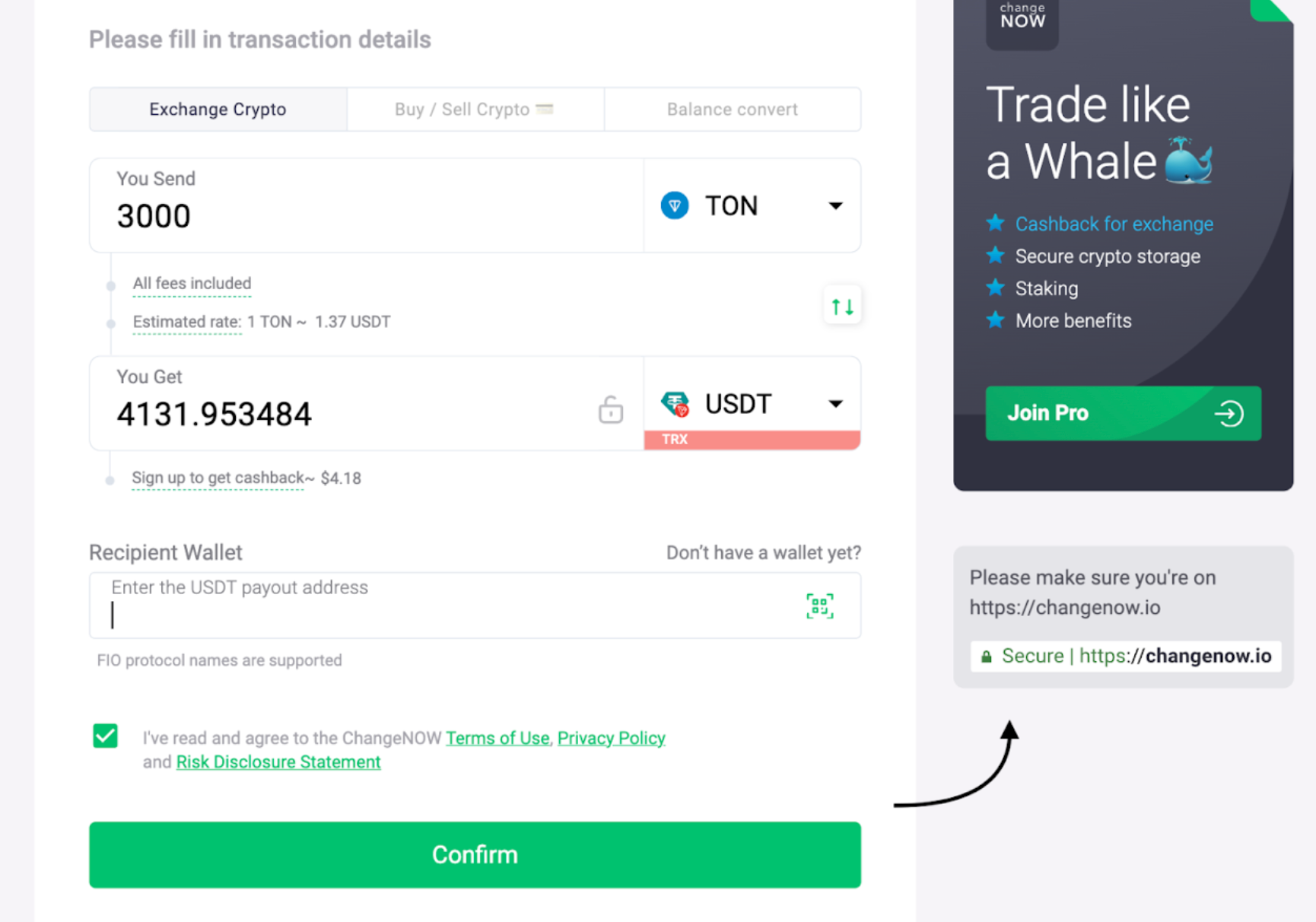 Please make sure you're on the official website section before making transactions.