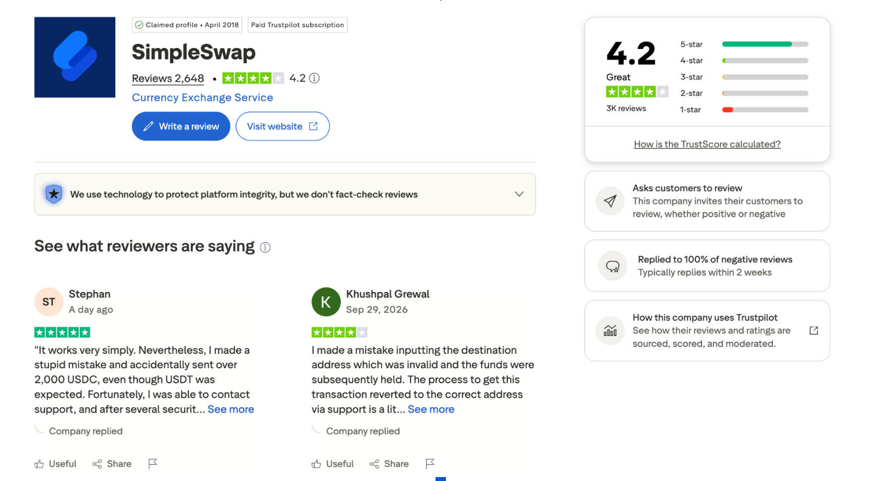 Trustoilot reviews for SimpleSwap.
